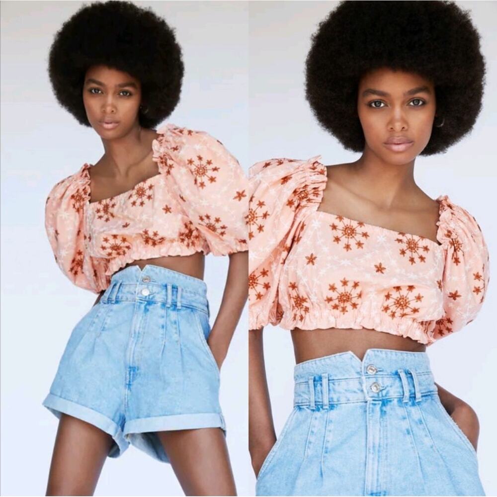 Zara Voluminous Puff Sleeve Floral Embroidered Peach Salmon Pink Crop Top Small - Picture 4 of 13